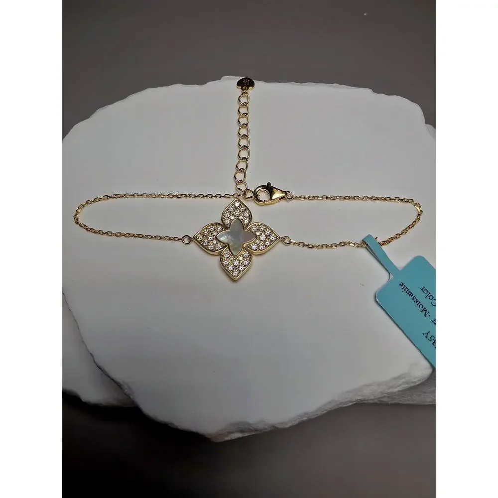1.08 CTW Moissanite & Mother of Pearl Floral Bracelet in Gold Over Silver